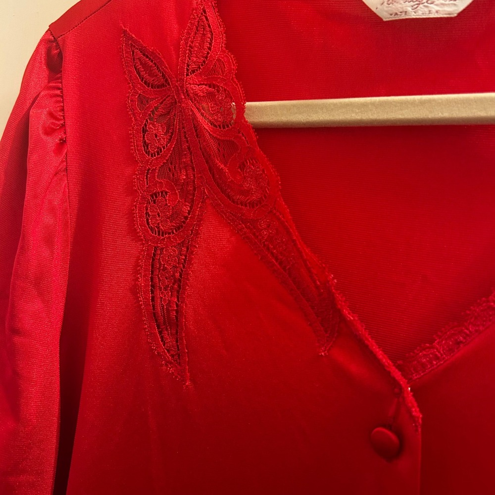 Vintage Vanity Fair Red Nylon Button Front Robe Nightgown Lace Trim‎ L - Picture 5 of 13